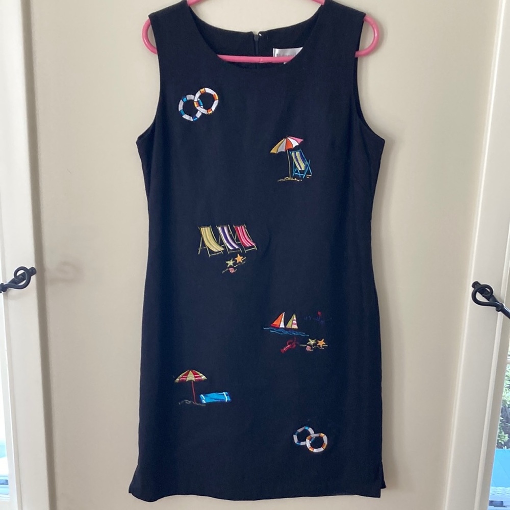 Black Linen/ Rayon Dress Colorful Beach Embellishments Size 12